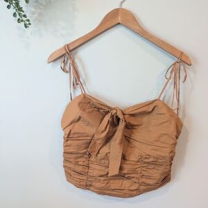 Free People Tan Ruched Tie-Front Crop Top Size M